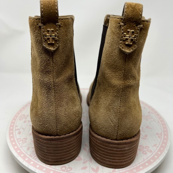 Tory Burch Chelsea Boots Women 10.5 Tan Suede Leather Square Toe Block Heel Pull - Picture 4 of 11